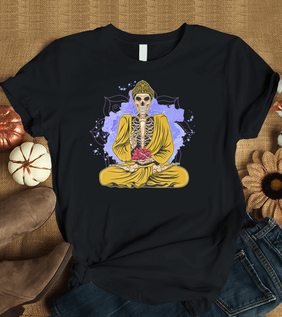 Halloween Meditating Skeleton Yogi Lotus Mandala T-Shirt