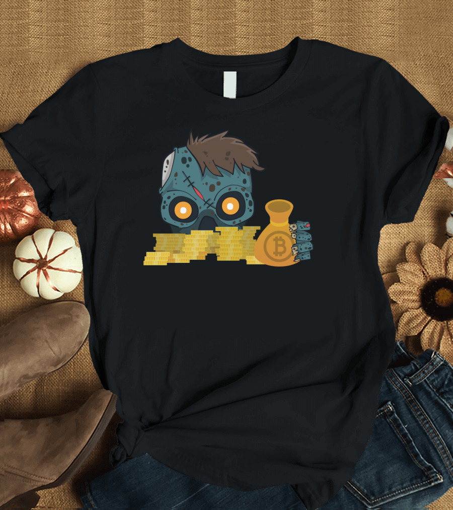 Zombie Holding Bitcoin Coins Halloween Crypto Visualization T-Shirt