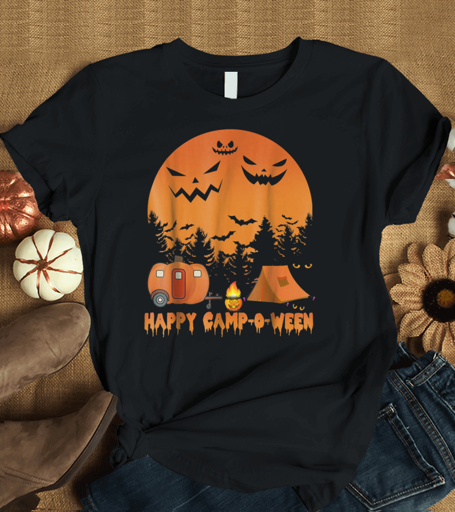 Happy Camp-O-Ween Halloween Camping Moon and Jack-O'-Lanterns T-Shirt