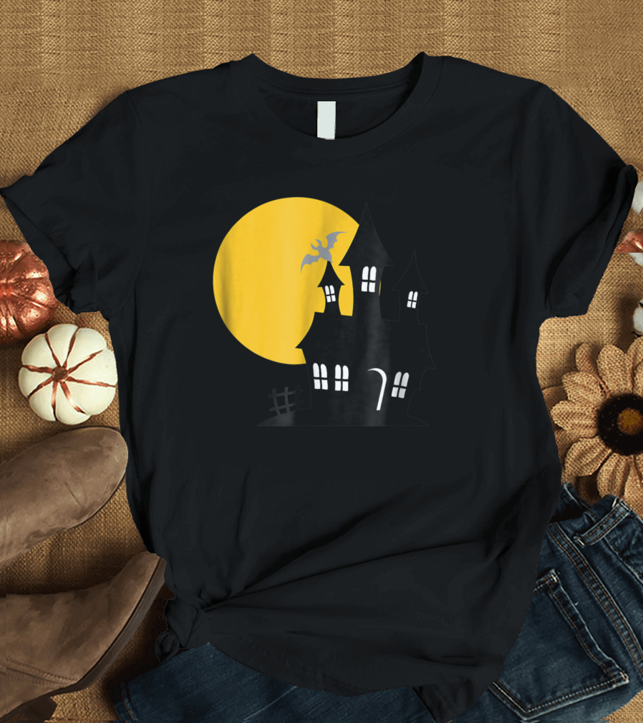 Haunted House and Harvest Moon with Bat and Yellow Full Moon T-Shirt