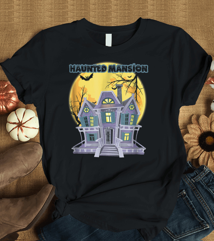 Haunted Mansion with Full Moon and Bats T-Shirt
