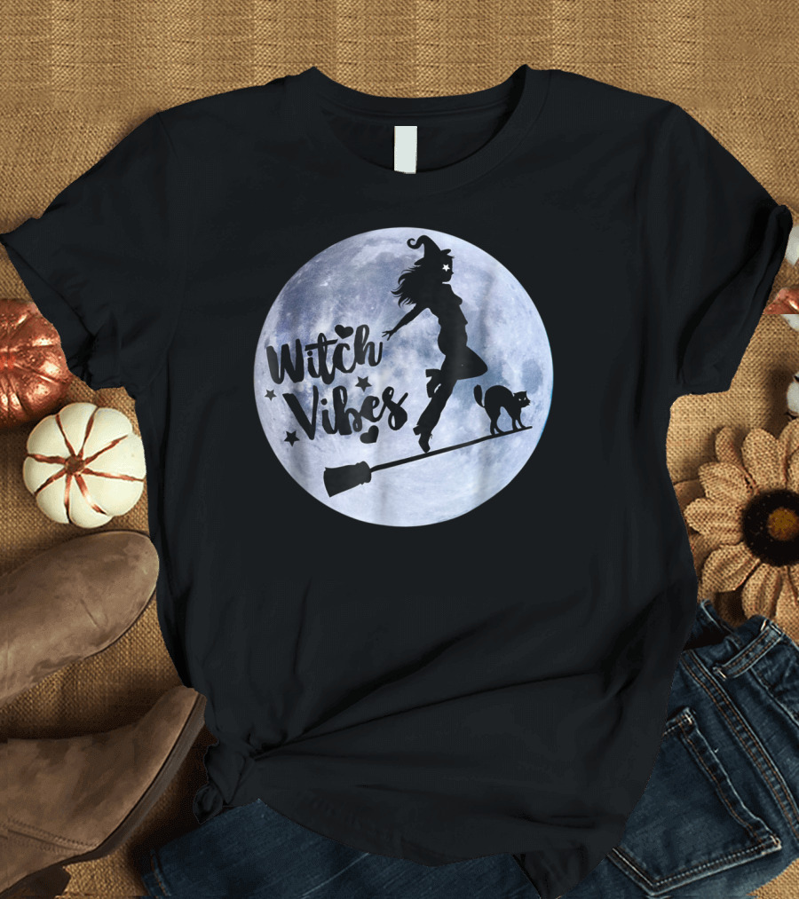 Witch Vibes Silhouette Flying on Broomstick with Cat and Moon T-Shirt