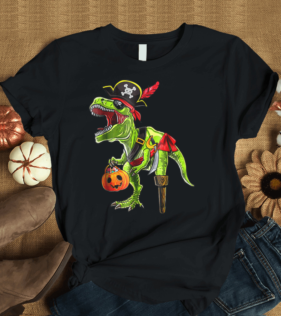 Halloween Dinosaur Trex Pirate with Pumpkin Treats T-Shirt