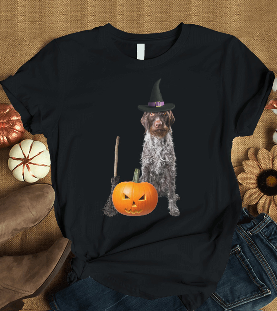 German Wirehaired Pointer Witch Hat Pumpkin Broom Halloween T-Shirt