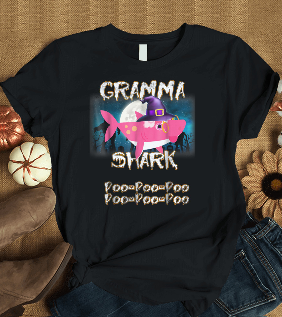 Gramma Shark Witch Hat Moonlit Night Doo Doo Doo T-Shirt