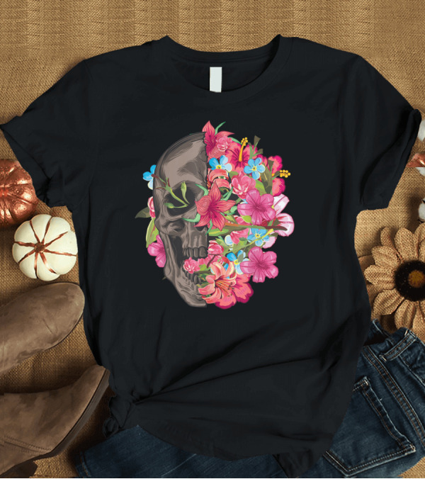 T-Shirt: Half Skull With Flowers Halloween T-Shirt Half Skull With Flowers Halloween T-Shirt