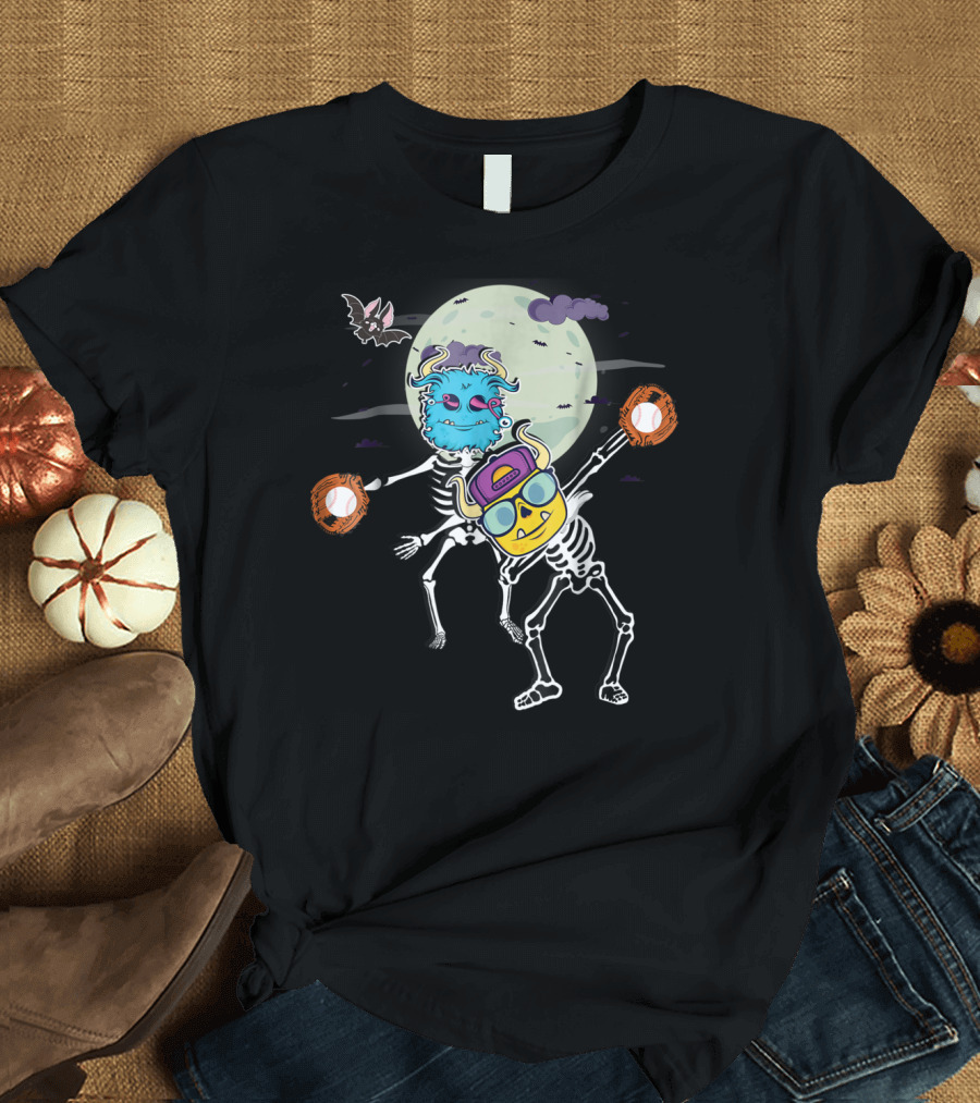 Halloween Skeletons Flossing and Dabbing with Baseball Gloves in Moonlit Scene T-Shirt