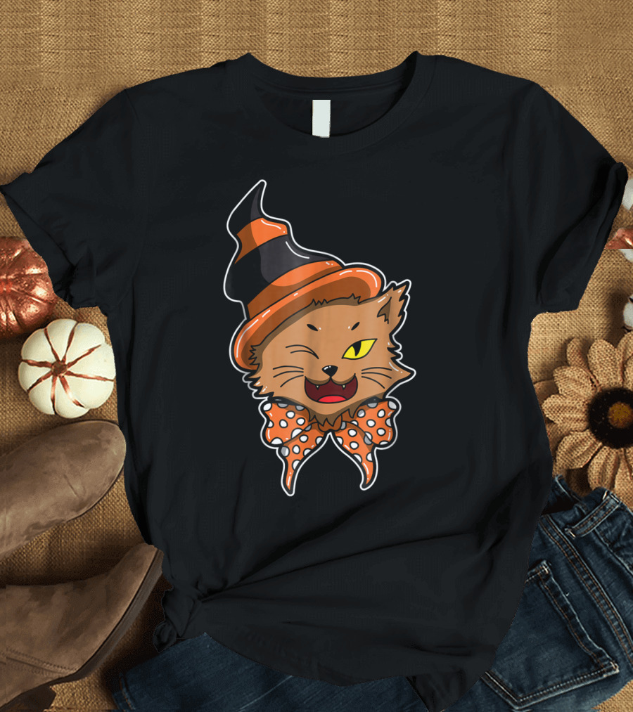 Halloween Cat Witch Hat Bowtie T-Shirt