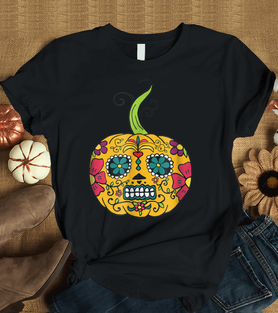 Halloween Sugar Skull Pumpkin Face Costume T-Shirt
