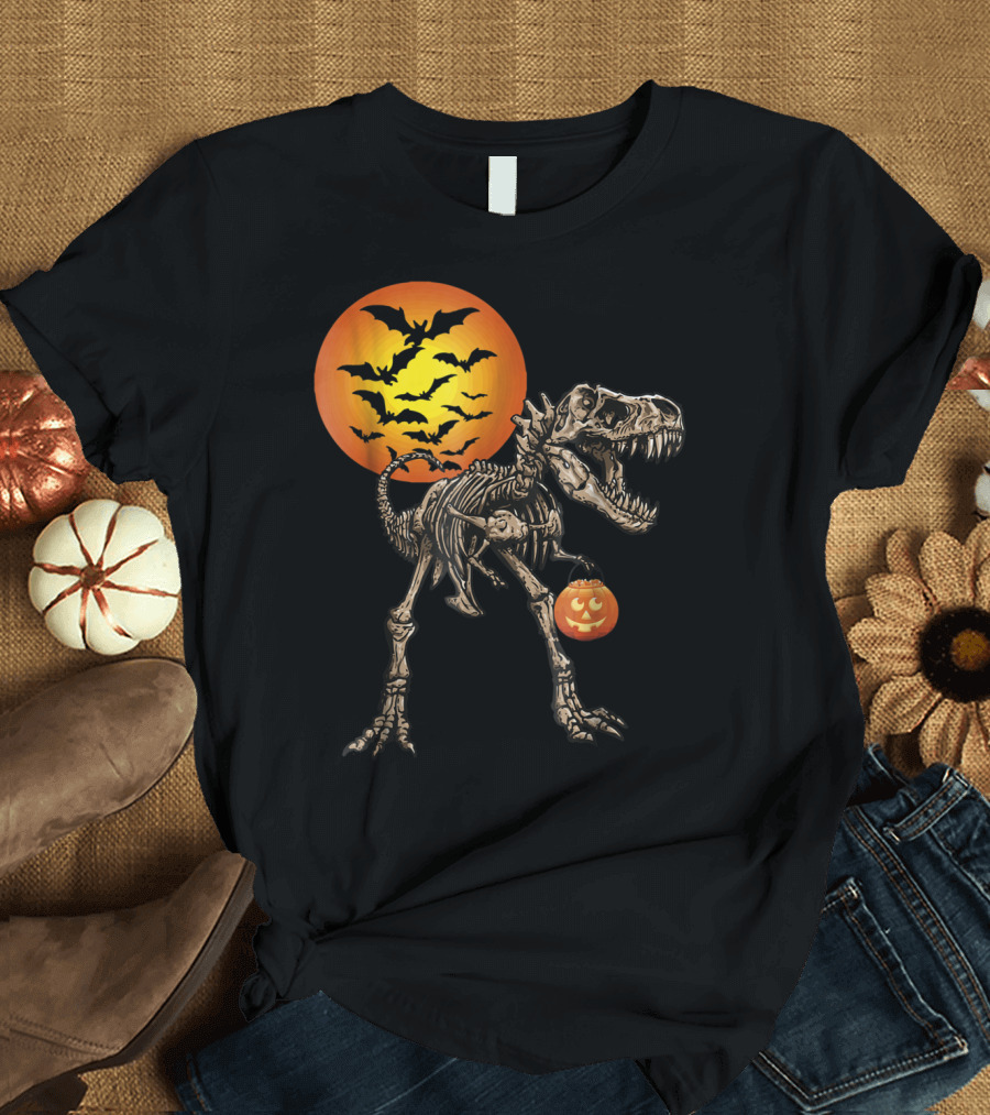 Halloween Dinosaur Rex Skeleton with Pumpkin and Bats Moon T-Shirt