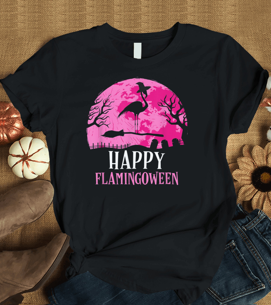 Halloween Flamingo Witch Happy Flamingoween Spooky Pink Moon T-Shirt
