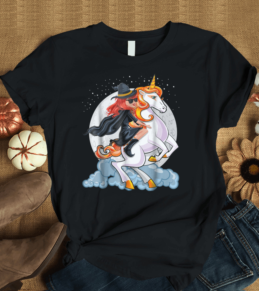 Halloween Witch Unicorn for Girls Riding Mystical Creature in Moonlit Sky T-Shirt