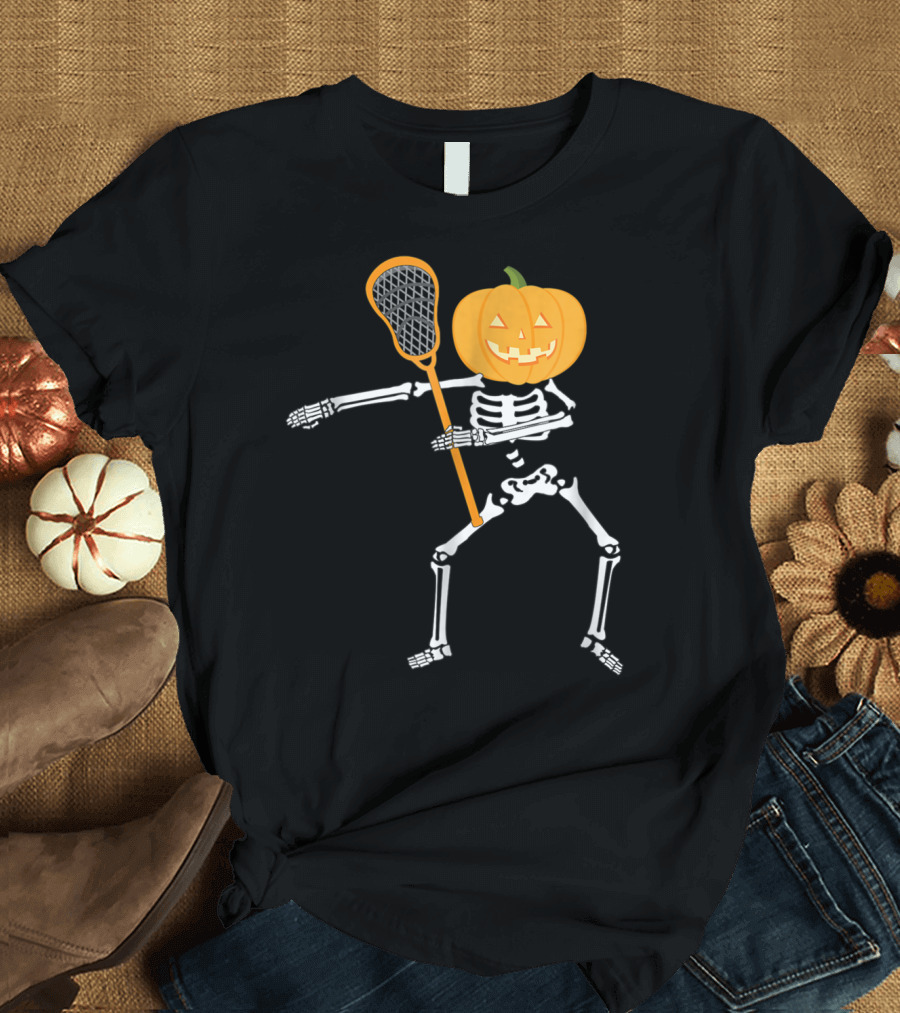 Lacrosse Playing Skeleton With Pumpkin Head Flossing Dance T-Shirt