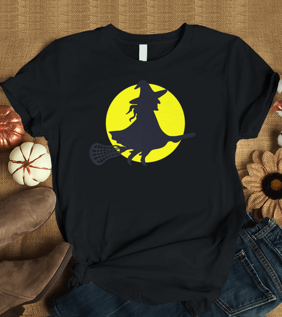 Lacrosse Witch Silhouette Flying Broomstick Full Moon T-Shirt