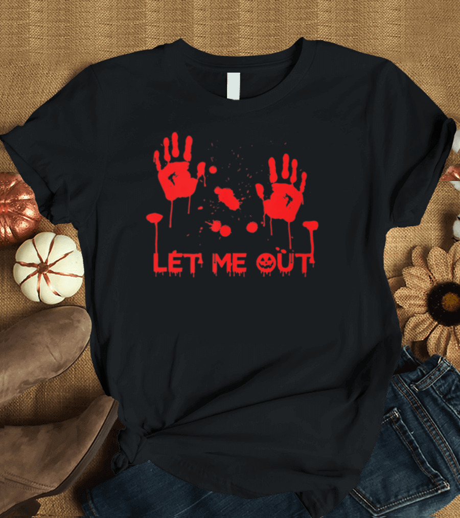 Let Me Out Red Handprints Funny Pregnant Halloween T-Shirt