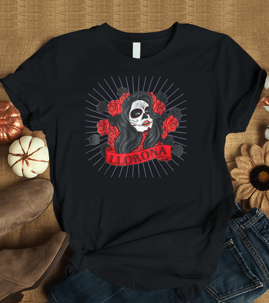 Llorona Dia De Los Muertos Roses Skull Face T-Shirt