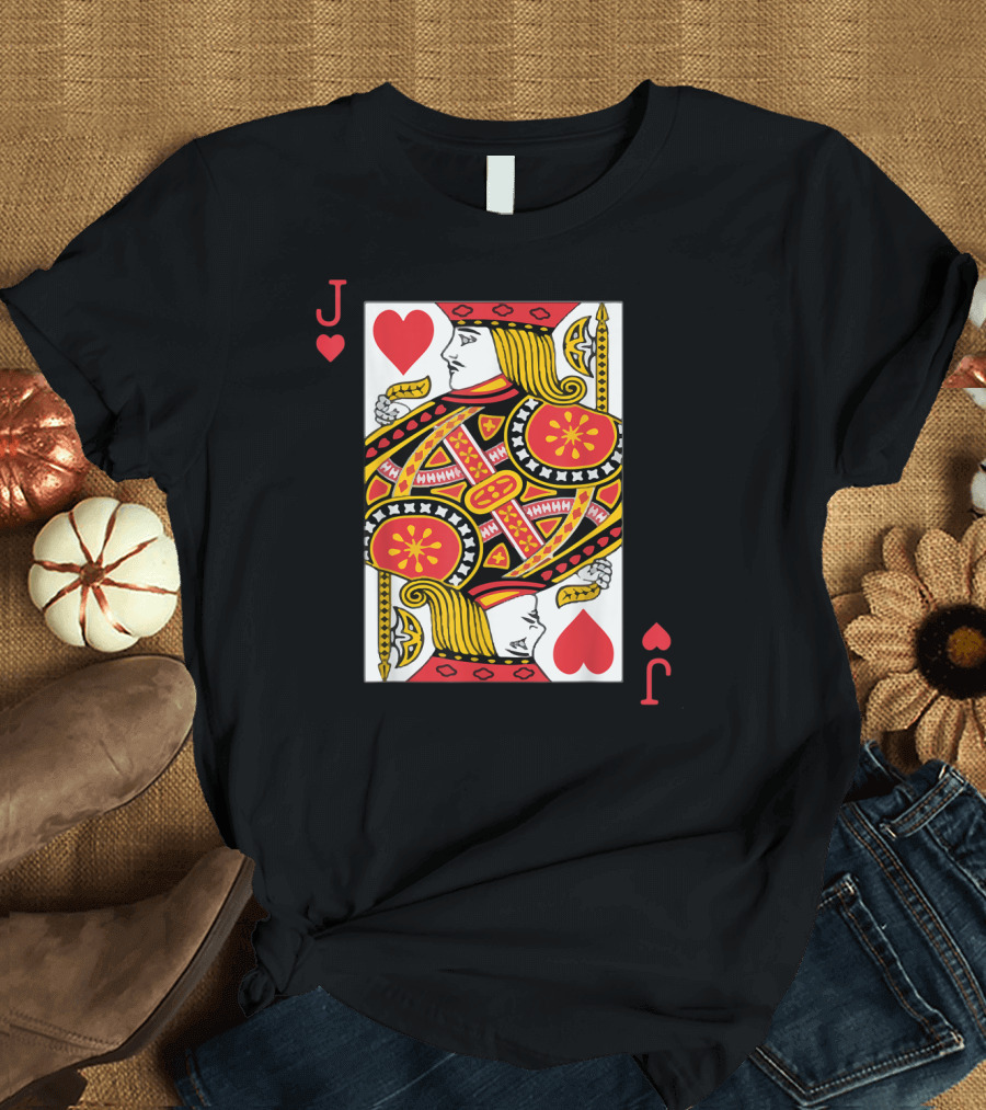 Red Jack of Hearts Deck Card Icon with Bold Heart Symbols T-Shirt
