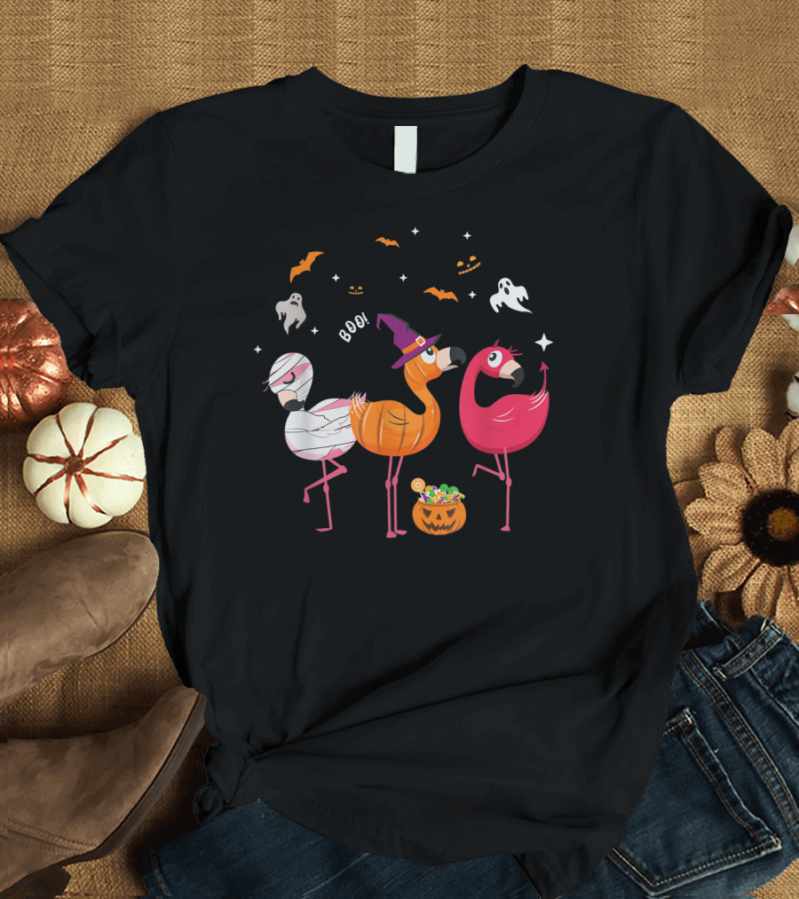 Mens Funny Three Flamingoes Halloween Costumes Boo T-Shirt