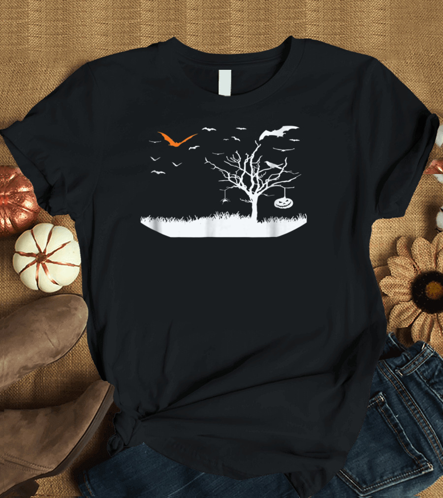 Halloween Tree Silhouette with Birds and Jack-o'-Lantern T-Shirt