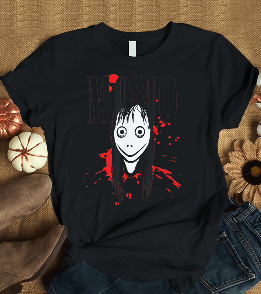 Momo Halloween Challenge Scary Face Momo Horror Mask Red Splatter T-Shirt