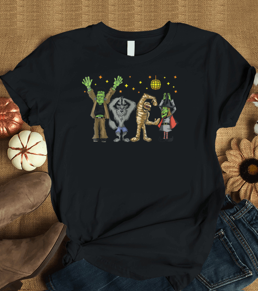 Monster Mash Disco Dance Party Halloween Group Frankenstein Werewolf Mummy Witch T-Shirt
