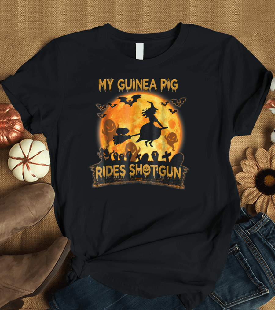 My Guinea Pig Rides Shotgun Halloween Witch Moon Graveyard Bats T-Shirt