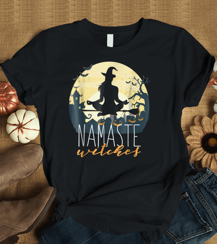Namaste Witches Halloween Yoga Meditation Silhouette with Pumpkins and Bats T-Shirt
