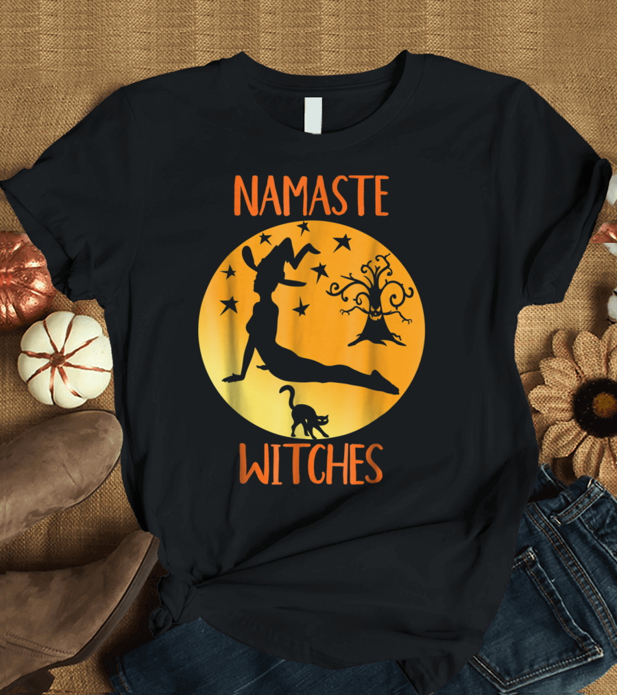Namaste Witches Halloween Yoga Witch Silhouette with Stars and Cat T-Shirt
