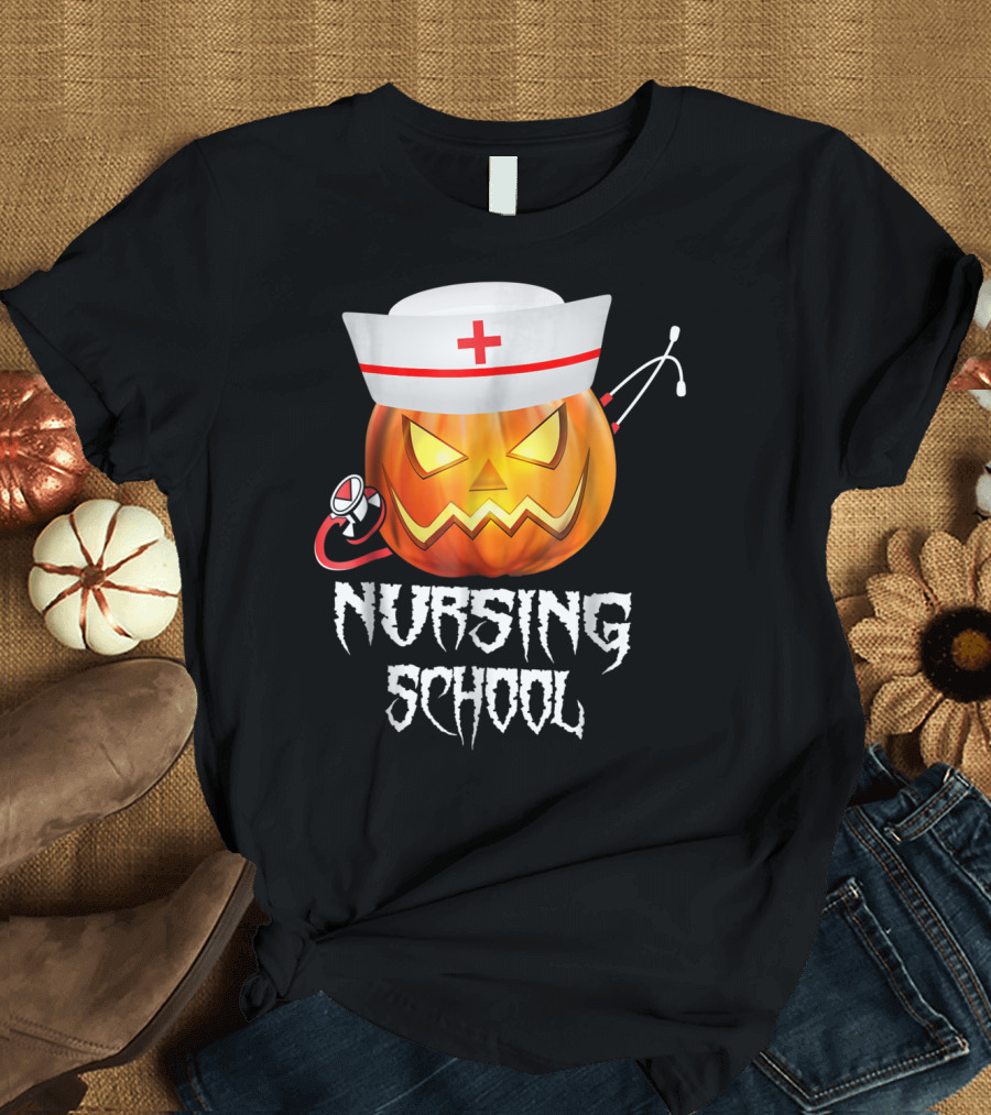 Nursing School Halloween Pumpkin with Nurse Hat and Stethoscope T-Shirt