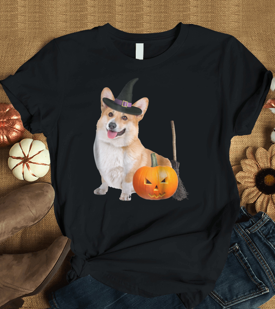 Pembroke Welsh Corgi Witch Hat Halloween Dog Pumpkin Broom T-Shirt