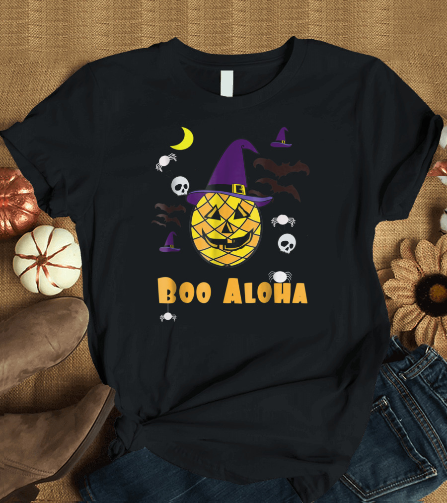 Boo Aloha Pineapple Pumpkin Halloween Funny Skulls Bats Spiders Moon Wizard Hat T-Shirt