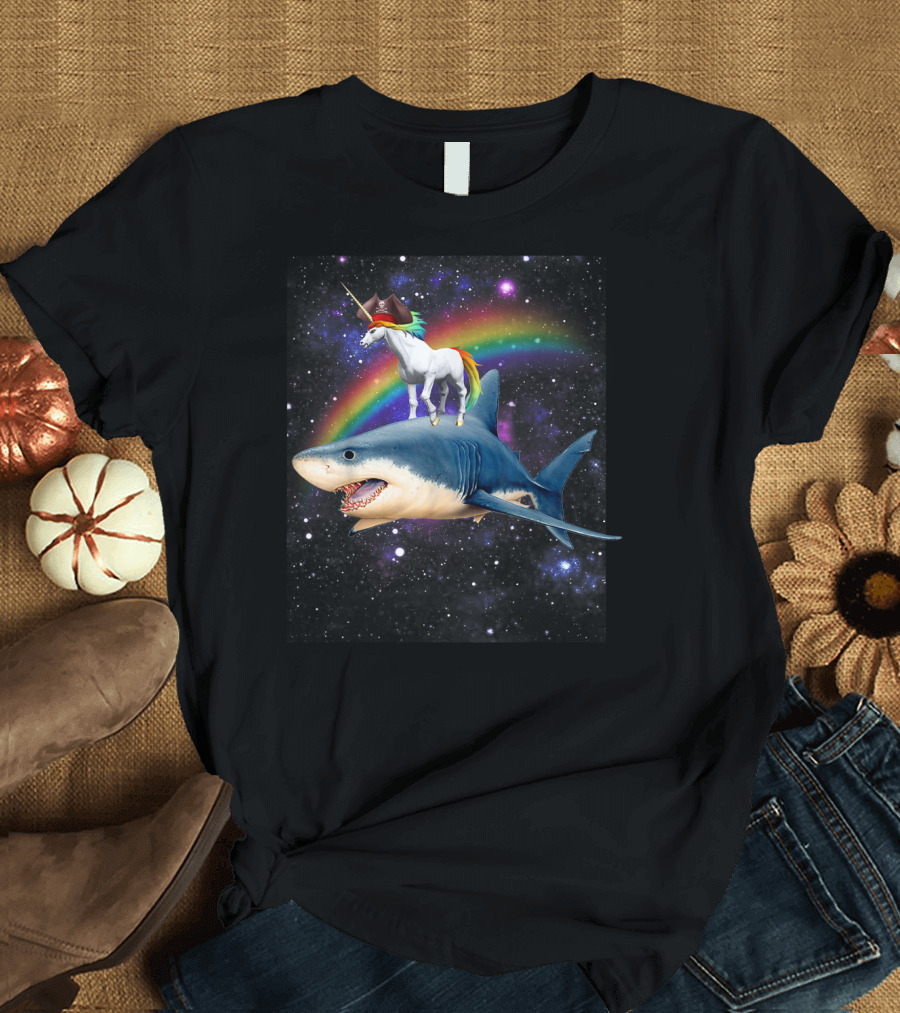 Pirate Day and Halloween Space Pirate Unicorn Riding Shark in Rainbow Galaxy T-Shirt