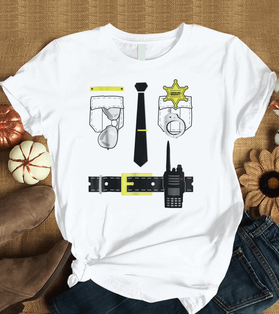 Police Uniform Sheriff Badge Handcuffs Sunglasses Radio Belt Tie T-Shirt