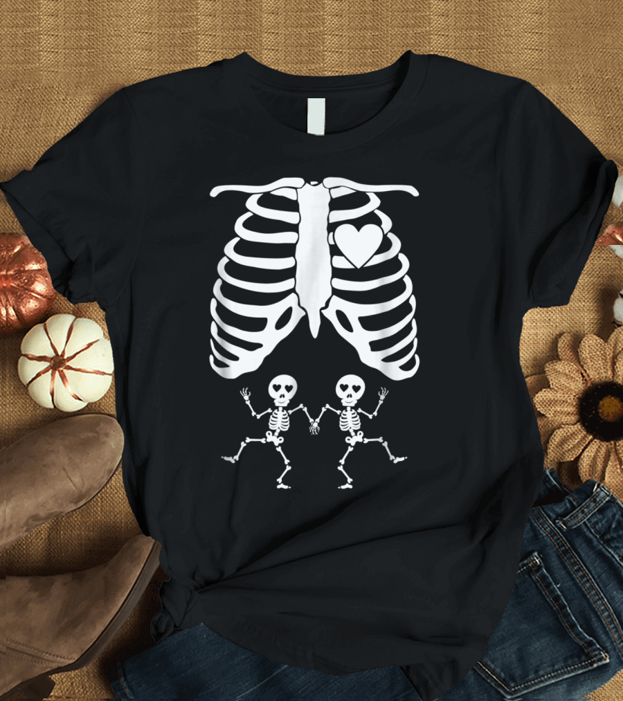 Skeletal Pregnant Mom with Twins Halloween Heart Bones T-Shirt