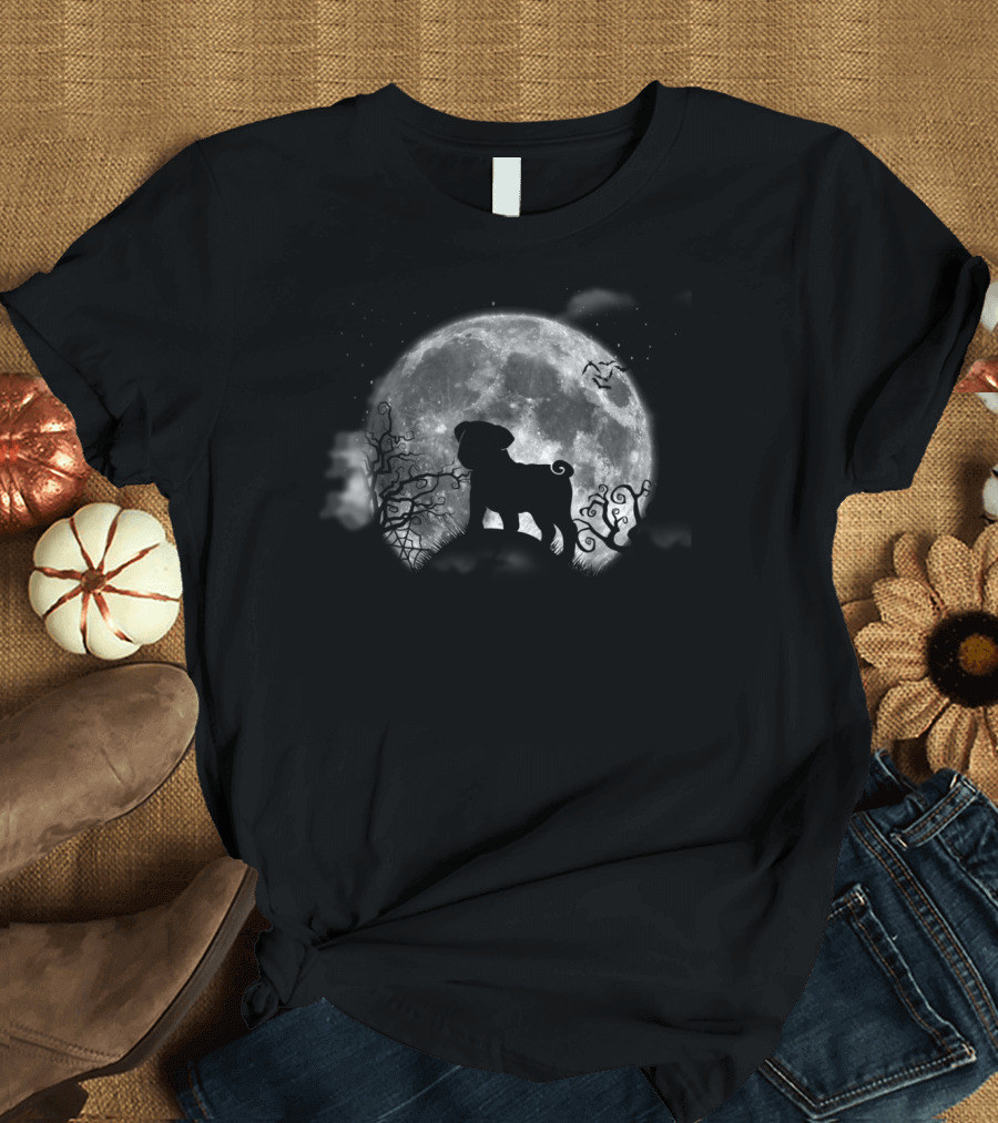 Pug Dog Silhouette Against Moon with Spooky Trees and Bats Halloween Scene T-Shirt