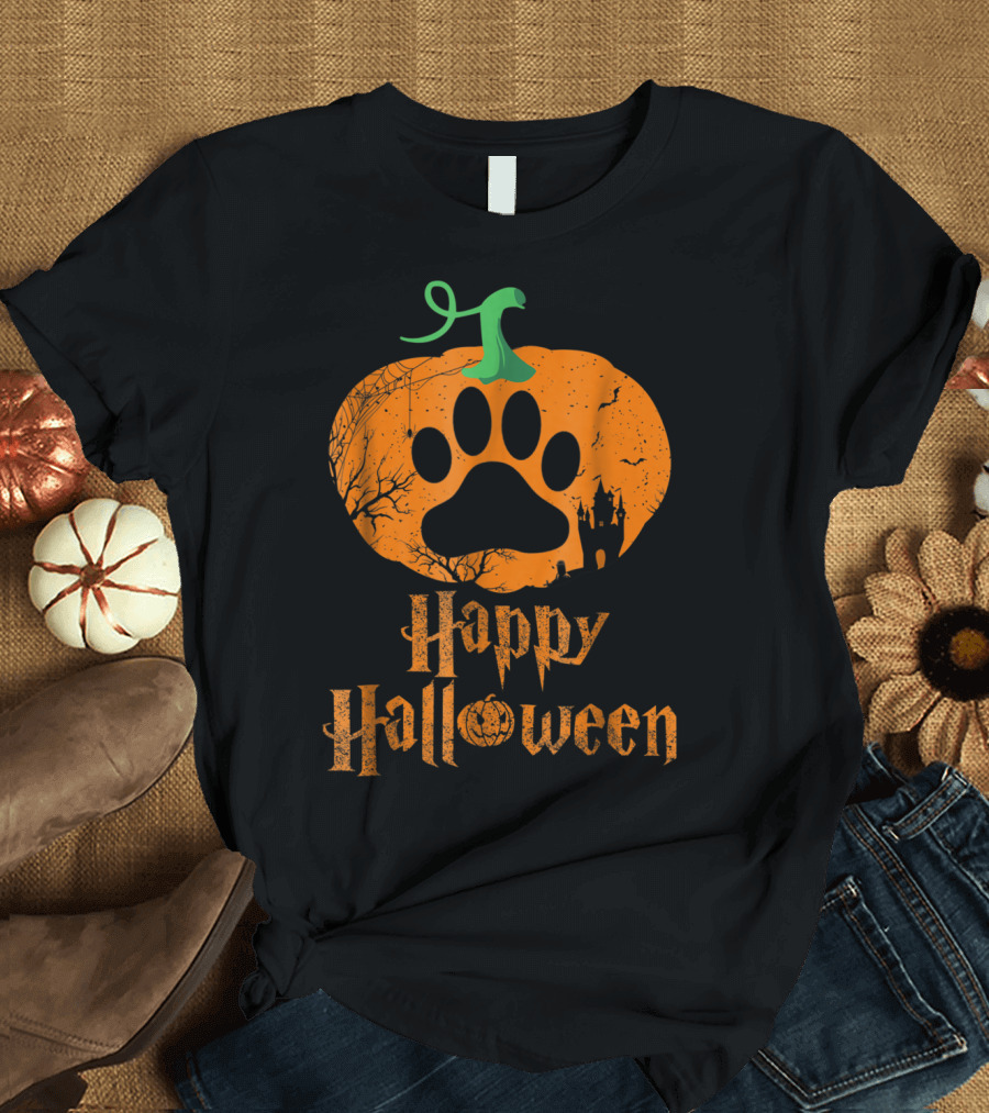 Happy Halloween Pumpkin Dog Paw Castle T-Shirt