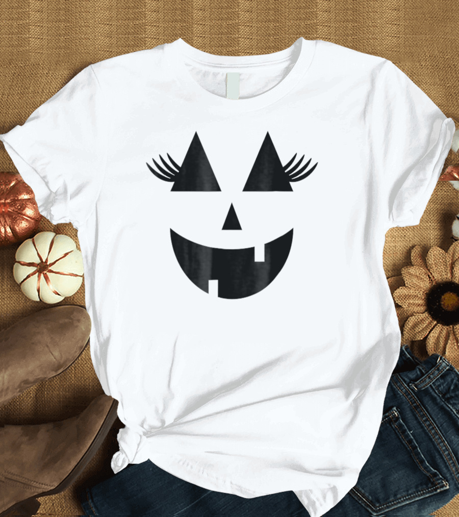 Pumpkin Face With Eyelashes Black Triangle Eyes and Curved Smile T-Shirt