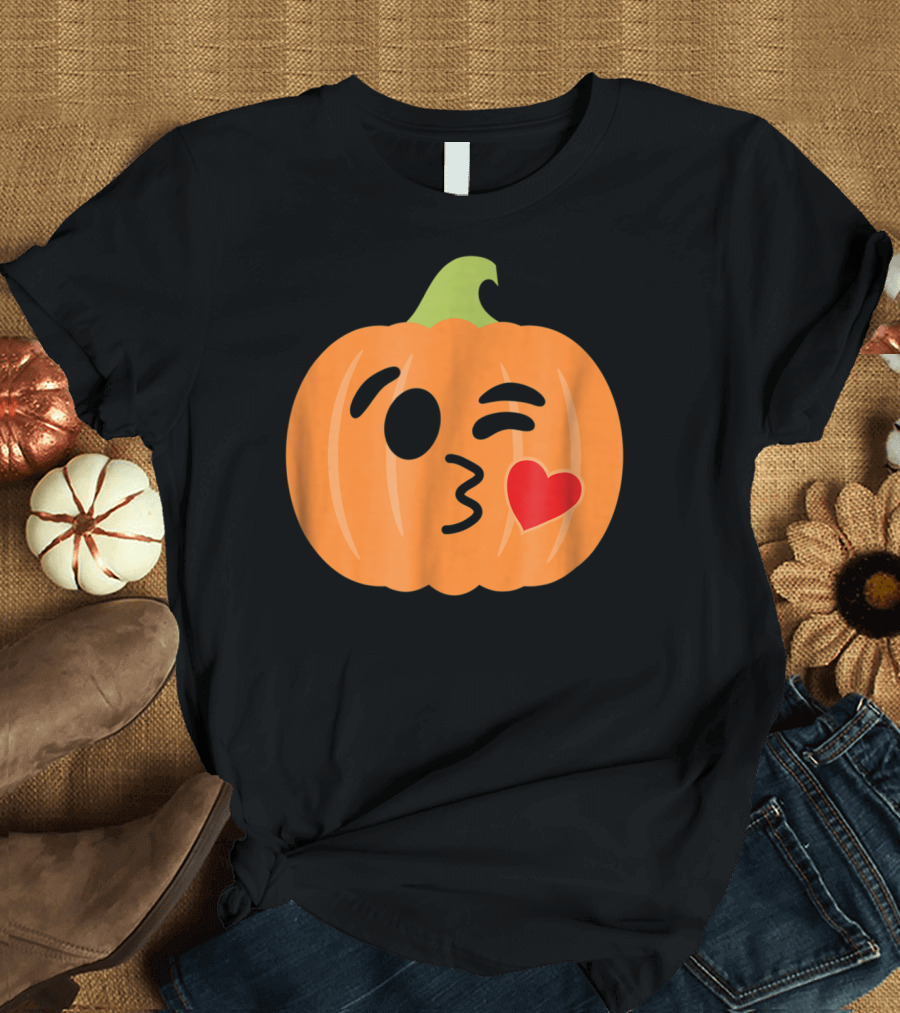 Pumpkin Jack O Lantern Winking Kiss Emoji Face T-Shirt