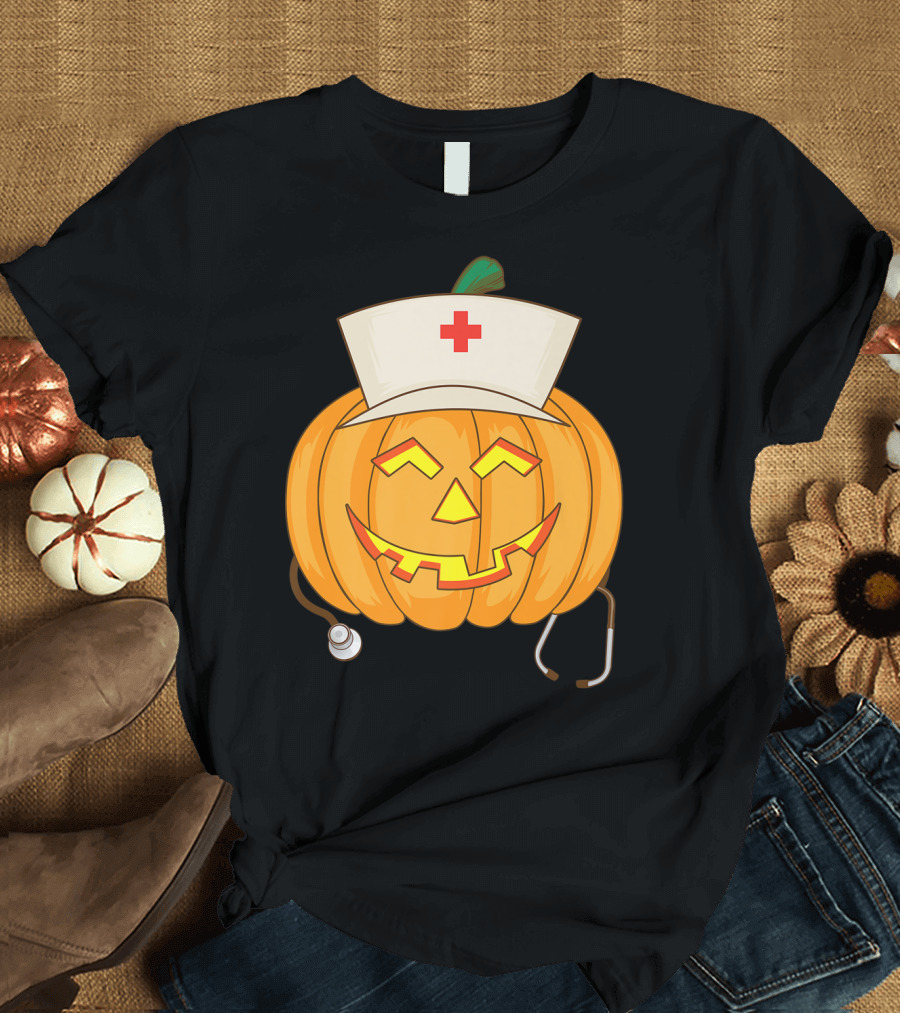 Pumpkin Nurse Head Halloween Cool Nurse Squash Stethoscope Jack-O'-Lantern T-Shirt