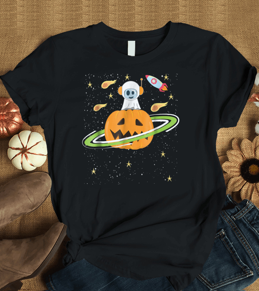 Pumpkin Planet Spaceship Astronaut with Jack-o'-Lantern and Stars T-Shirt