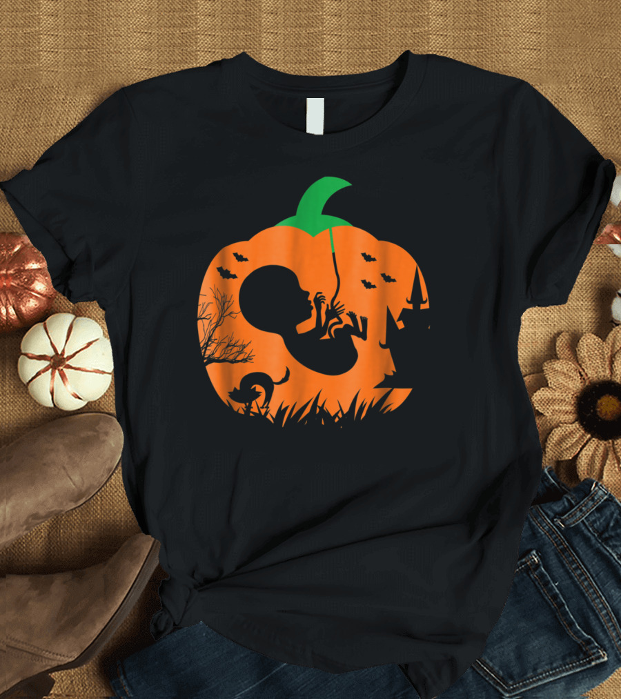Pumpkin Xray Pregnancy Announcement with Witch and Cat T-Shirt