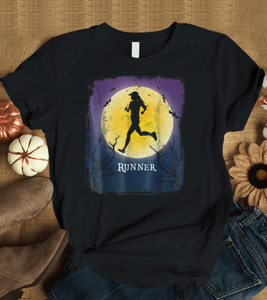Runner Halloween Moon Silhouette Vintage Marathon T-Shirt