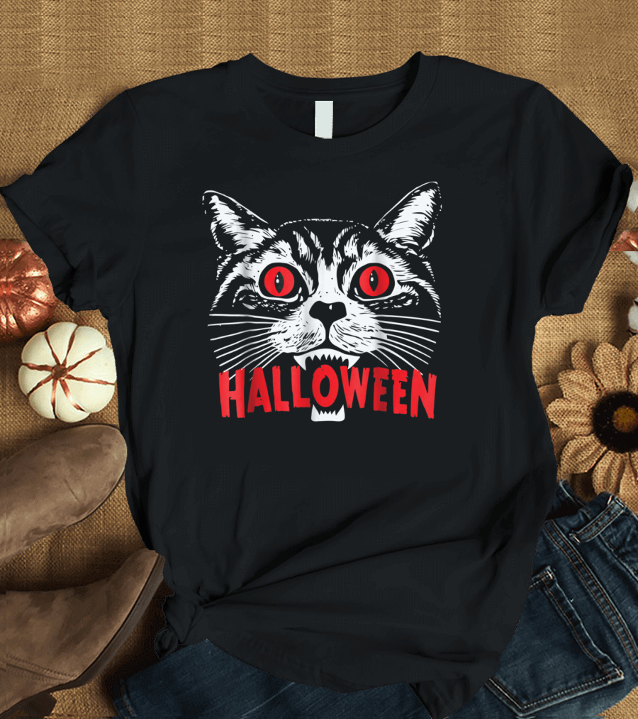 Satanic Cat Halloween Spooky Red Eyes Evil For Cat T-Shirt