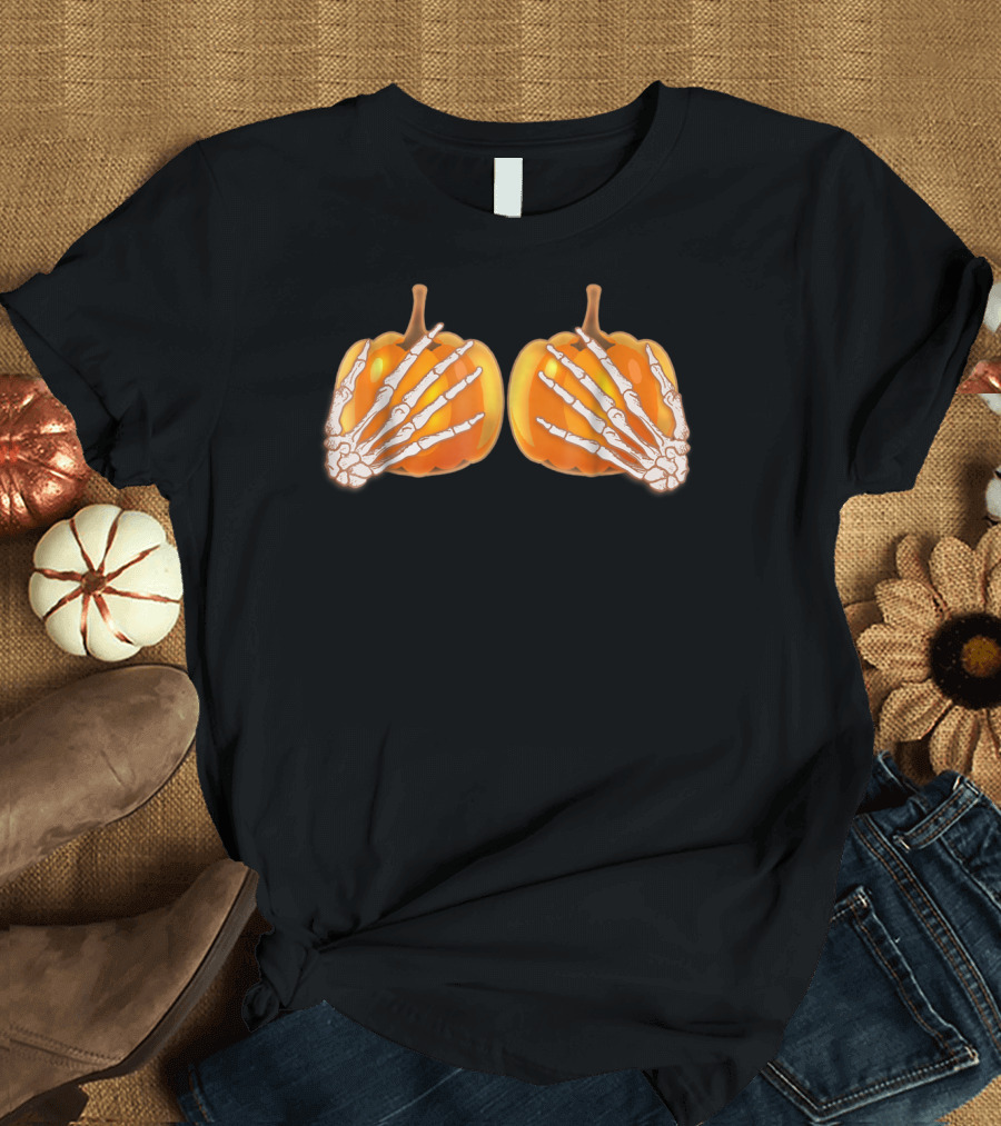 Save The Tatas Breast Cancer Awareness Halloween Pumpkins Skeleton Hands T-Shirt