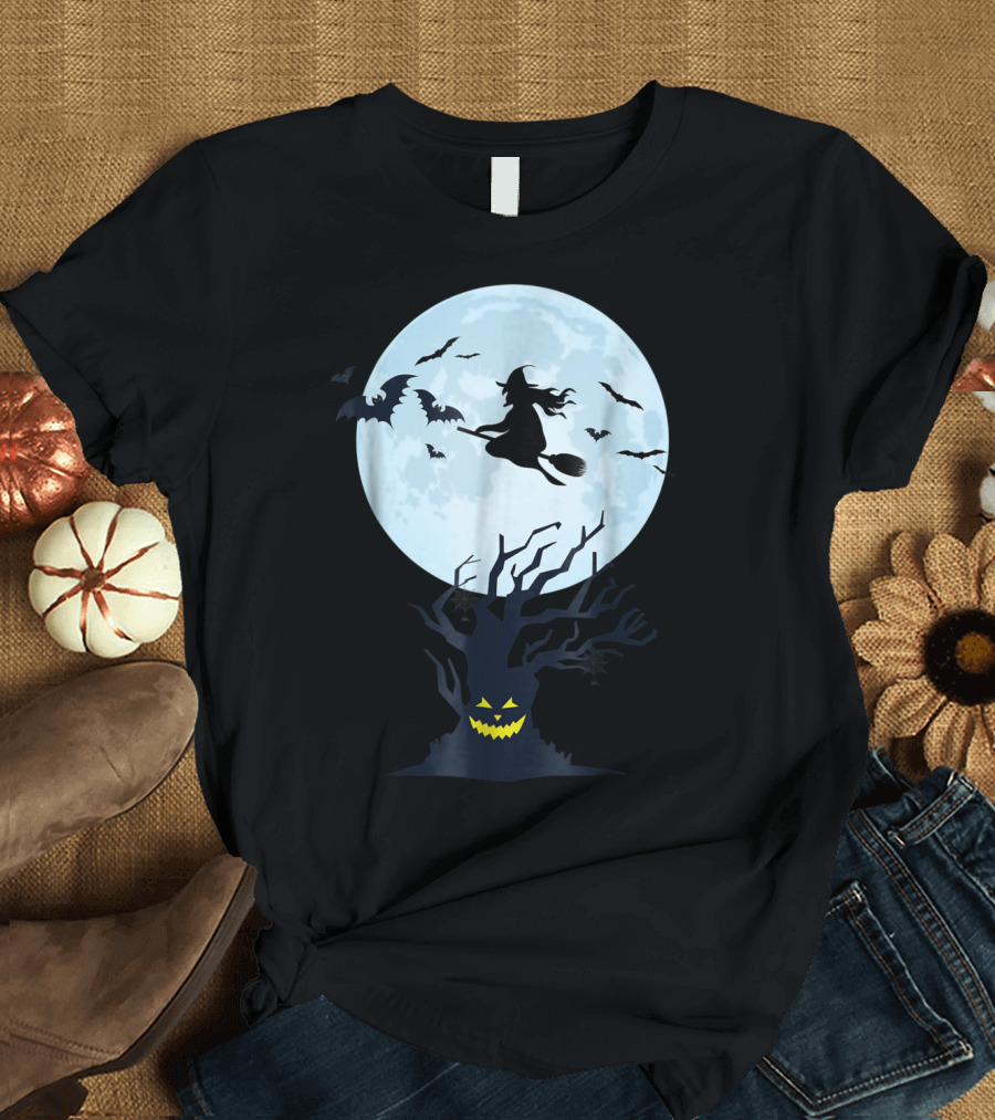 Witch Silhouette Flying Over Moon with Bats and Sinister Grinning Tree T-Shirt