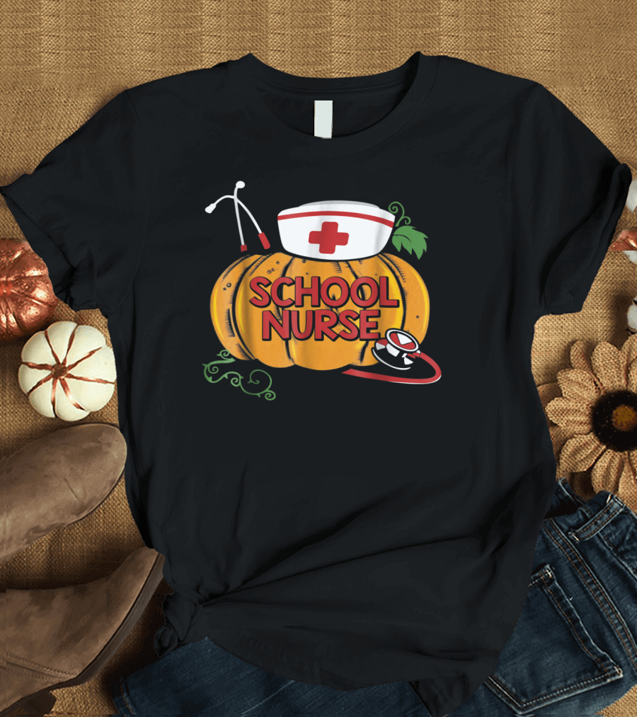 School Nurse Pumpkin with Scrub Hat and Stethoscope T-Shirt