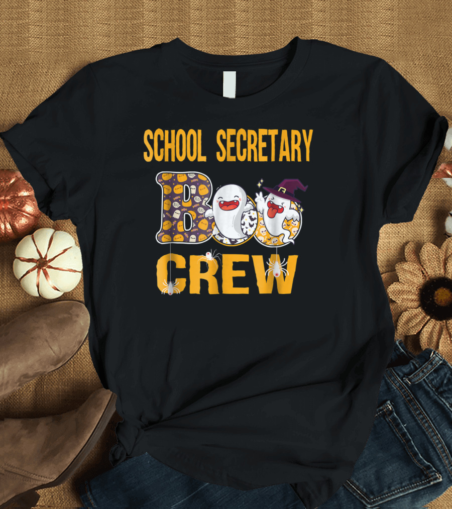 School Secretary Halloween Boo Crew Ghosts and Spiders T-Shirt