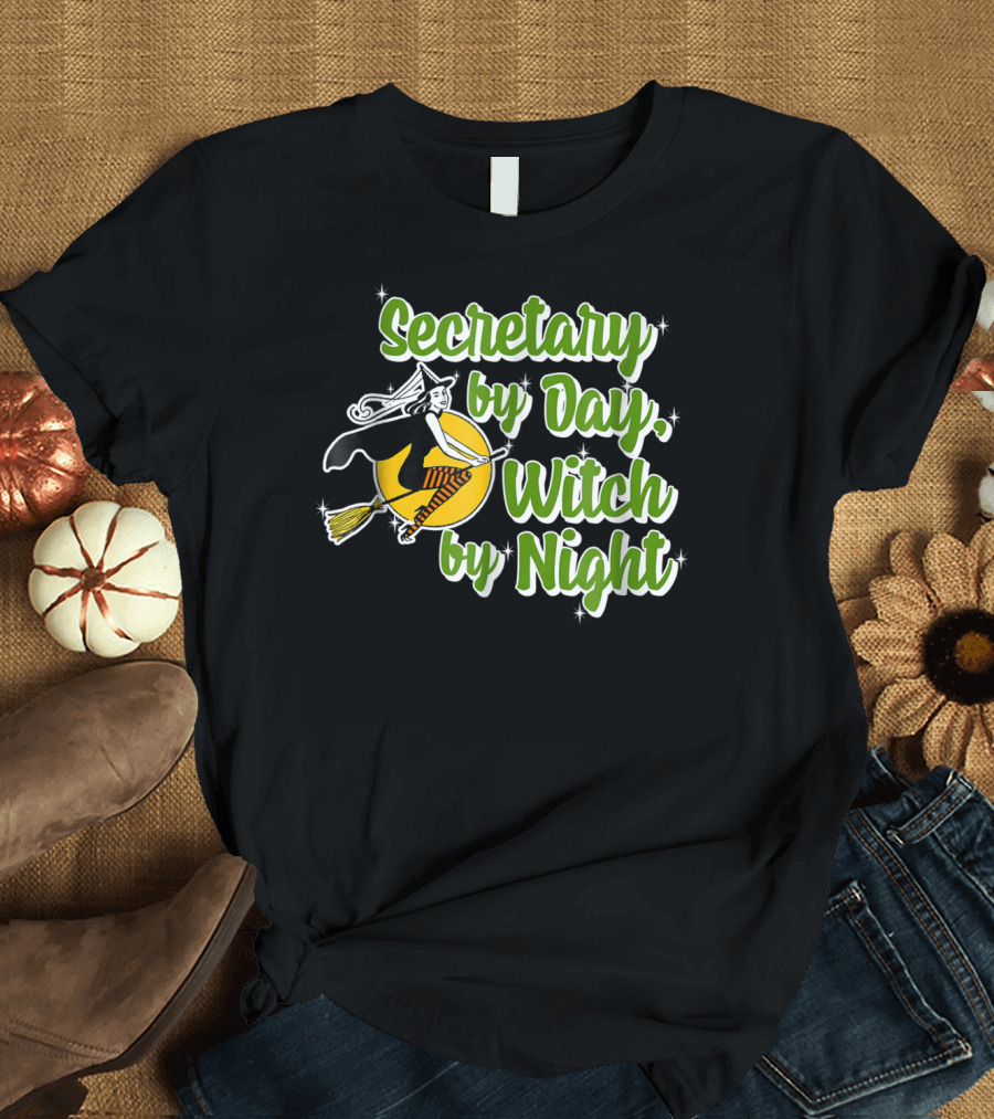 Secretary by Day Witch by Night Flying Broomstick Moon T-Shirt