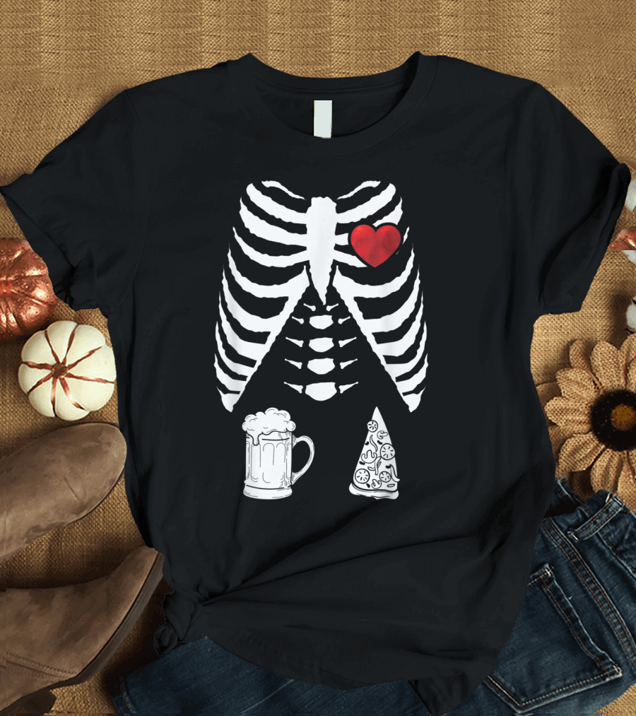 Skeleton Heart Beer Pizza Halloween Pregnancy Xray T-Shirt