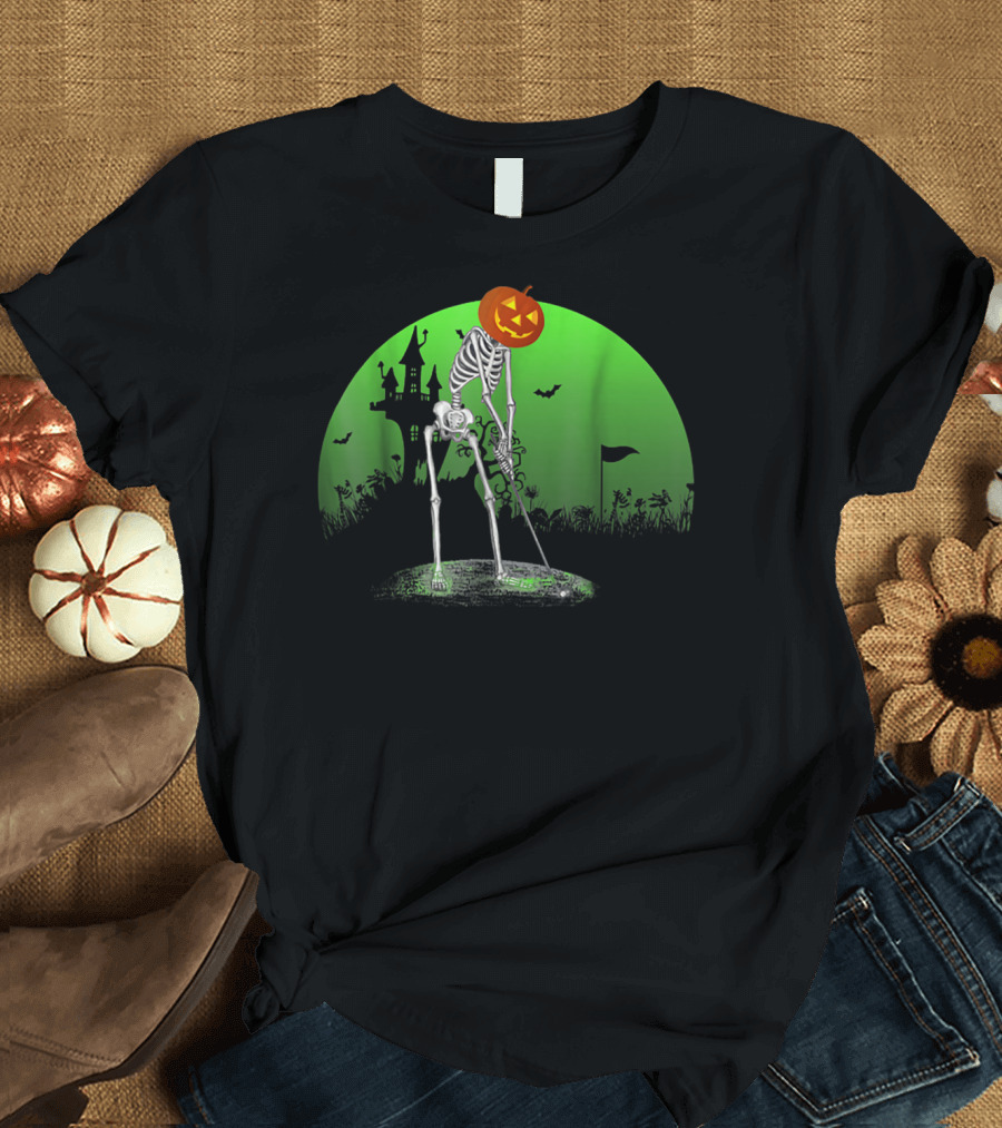 Skeleton Playing Golf with Pumpkin Head Halloween Scary Golf Scene T-Shirt